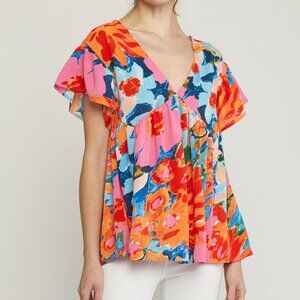 Entro Women's Floral Double V Ruffle Sleeve Tunic Top Blouse Pink Blue Medium M